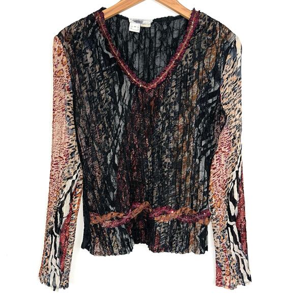 Alberto Makali Sheer Lace Sequin Animal Print Long Sleeve Top Size Medium - Picture 1 of 11